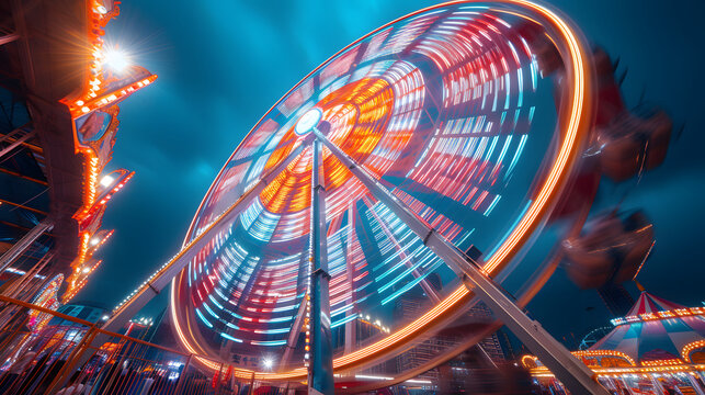 Ferris wheel at a carnival, spinning at night. The wheel is illuminated with blue and red lights, creating a motion blur effect. The background features a dark blue sky with bright stars and red light - Powered by Adobe