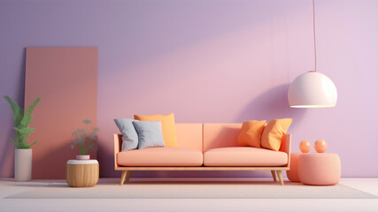 Interior of modern living room with orange sofa and pink wall