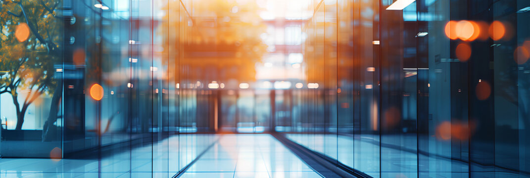An empty open space of a business office. Blurring, warm tones, abstract defocused background. A conceptual image of a modern workplace interior. The banner.