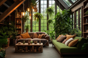 Interior of modern living room with green sofa, coffee table and plants