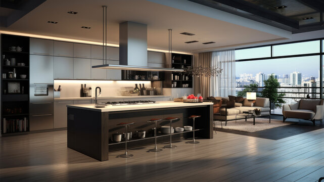 modern kitchen in a loft with a beautiful design