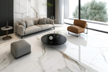 Luxury modern living room with white marble floor