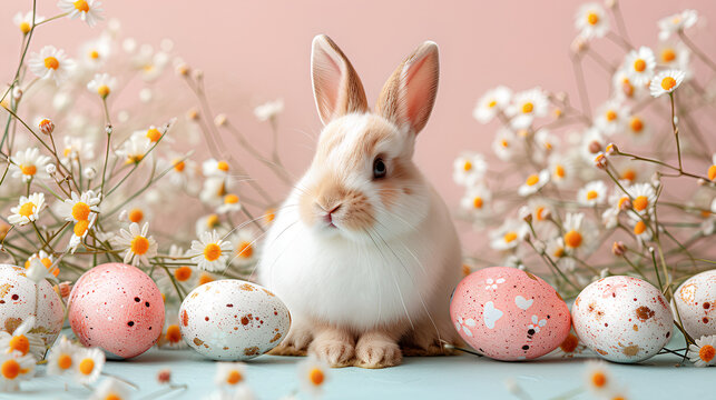 Cute Easter bunny on a background of flowers and eggs. Easter holiday.