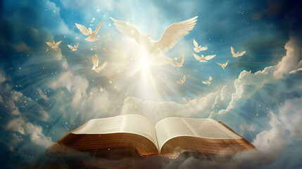 An open book with angel wings and rays of light. - obrazy, fototapety, plakaty