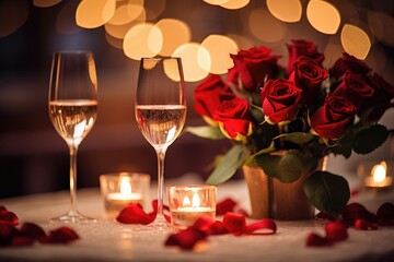 A table adorned with two glasses filled with wine and a bouquet of roses arranged in a simple and elegant manner.