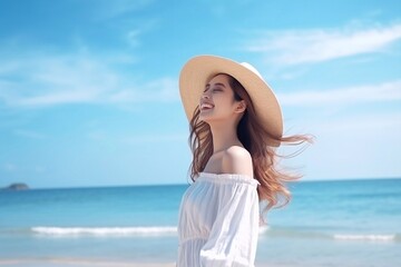 Fototapeta na wymiar Attractive asian girl enjoy outdoor lifestyle looking beautiful ocean nature on beach holiday vacation