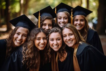 Obraz premium Group of happy smiling diverse students graduates hugging with classmates holding diplomas in hands and celebrating graduation at university campus standing in circle wearing graduate gown