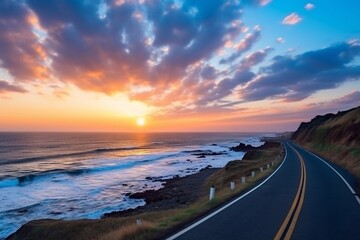 A beautiful and enchanting view of the highway with a colorful sunset. View of the road to the sea. colorful seascape with a beautiful road. highway view on ocean beach
