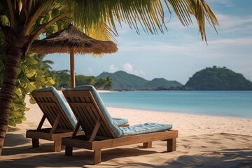
perfect landscape background for relaxing two sunbeds and a straw umbrella against the background of sea water and mountains