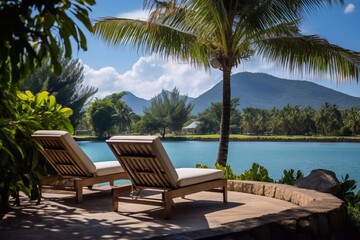 
perfect landscape background for relaxing two sunbeds and a straw umbrella against the background of sea water and mountains