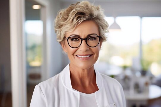 
Portrait of one mature blonde caucasian woman with eyeglasses doctor medic stand during home visit happy smile looking to the camera confident copy space