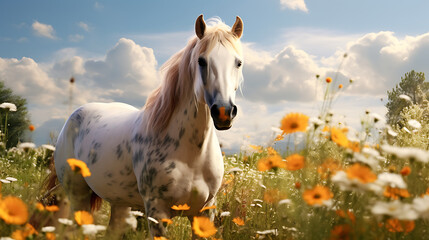 A horse in a field of daisies