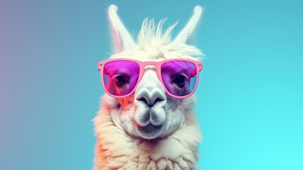 A llama stands in front of a blue background while wearing pink sunglasses.