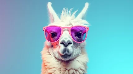 Papier Peint photo Lavable Lama A llama stands in front of a blue background while wearing pink sunglasses.