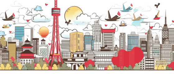 Japan Famous Landmarks Skyline Silhouette Style, Colorful, Cityscape, Travel and Tourist Attraction