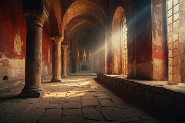 Cinematic Ancient Ornate Tunnel Leading to Stone Hall with Torches and Arches - 3D Render Illustration
