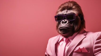 A gorilla wearing a pink suit and sunglasses poses for the camera.