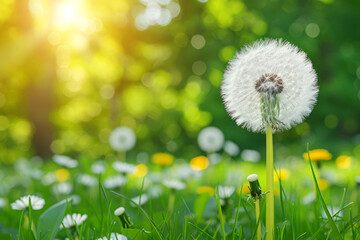 white big fluffy dandelion on a summer green meadow on a sunny day
