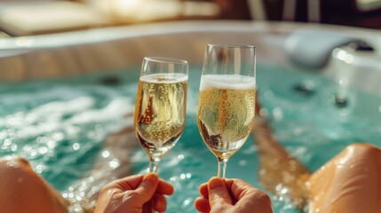 Sweet couple toasting with their champagne glasses while relaxing in the jacuzzi tub, Celebrating honeymoon in luxury. - obrazy, fototapety, plakaty