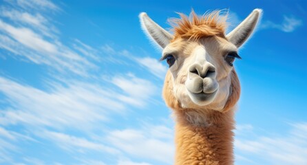 Obraz premium A detailed view of a llama, with the sky in the background, showcasing its features and surroundings.