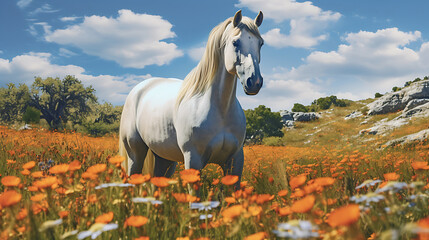 Obraz na płótnie Canvas A horse in a field of wildflowers