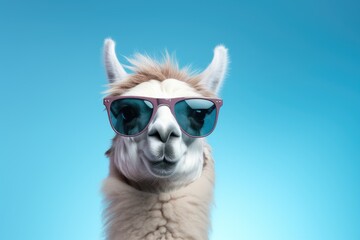 Naklejka premium A llama wearing sunglasses poses against a blue background, looking cool and stylish.