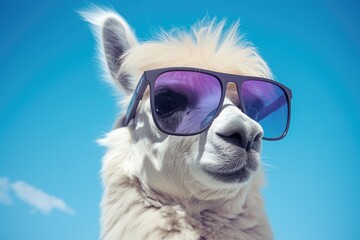 A llama wearing sunglasses casually balances them on its head under the sun.