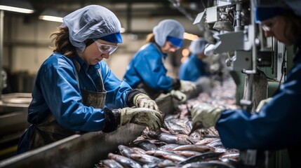 Women working on a fish processing factory. Production and processing of seafood concept. Workers sorting fish before packaging. Fish processing plant.