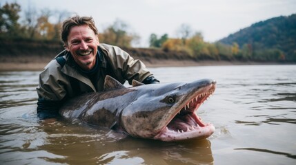 Fisherman holding a big fish caught in amazonian river. Man caught a giant African river fish. Smiling fisherman with a large fish in a dirty river. Fisherman with a big catch in river fishing.