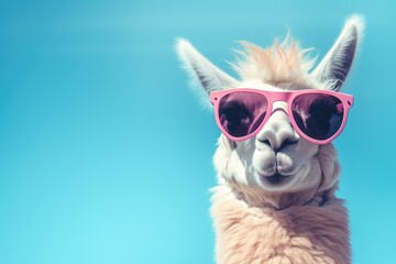 A llama wearing pink sunglasses stands against a vibrant blue background.