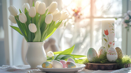 A bouquet of tulips, Easter eggs on the table in the white kitchen. The concept of Easter.