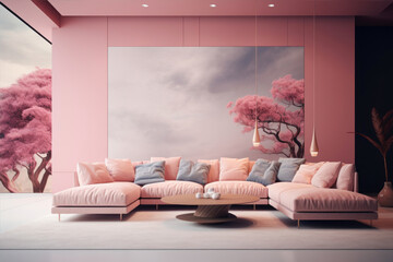Modern living room interior with pink sofa, coffee table and wall mock up. 3D Rendering