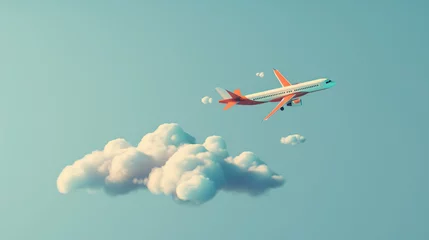 Fotobehang air plane fly away from the clouds, advertising media about tourism. Travel transport concept. © tropicallife