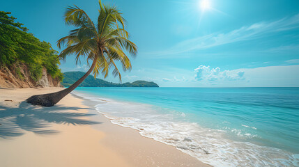 Fototapeta na wymiar palm beach and sea, The golden sand beach, shining in the sun, meets the blue sea, slice perspective generative AI