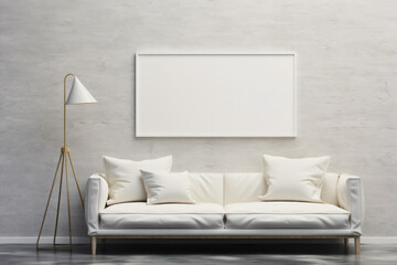 Interior of modern living room with white sofa, lamp and blank poster. Mock up, 3D Rendering
