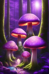 AI generated illustration of a vibrant set of purple mushrooms growing in a lush woodland setting