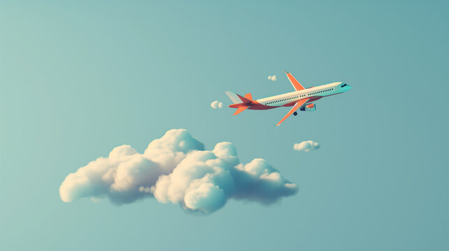 air plane fly away from the clouds, advertising media about tourism. Travel transport concept.