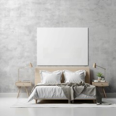 AI generated illustration of bedroom featuring carpet, a nightstand, and a poster hung above a bed