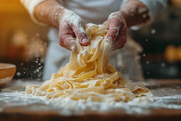 Close up view of hands making fresh italian pasta on wooden kitchen table