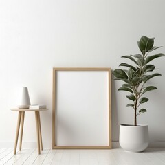 AI generated illustration of a white wooden frame next to a white ceramic plant pot in the studio