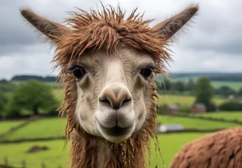 Photo sur Plexiglas Lama A detailed view of a llama set against a backdrop of a vast field.