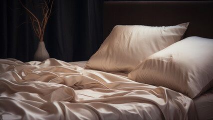 close up of white pillows on bed in hotel bedroom, vintage tone
