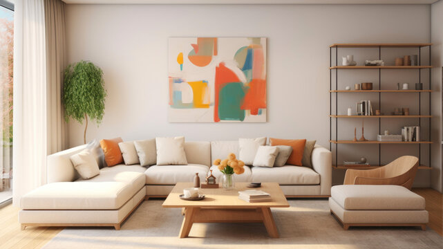 Interior of modern living room with sofa, coffee table and painting on wall