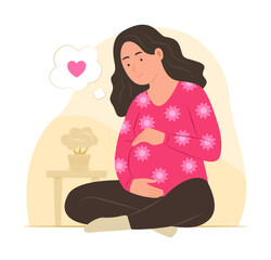 Pregnant Woman Rubs Belly for Take Care Concept Illustration