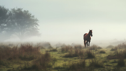A horse in a misty morning pasture