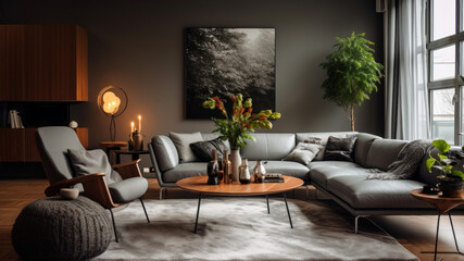 Modern living room interior design with grey sofa, coffee table and plants