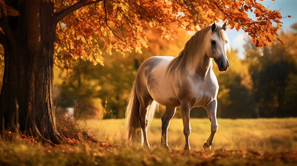 A horse in a pasture with autumn leaves