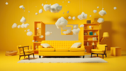 Modern yellow living room with yellow sofa, yellow armchair, bookshelf and clouds. 3d rendering