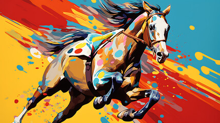 A horse jumping over a brightly colored jump