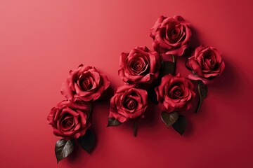 A photo showcasing a collection of vibrant red roses arranged on a red background.